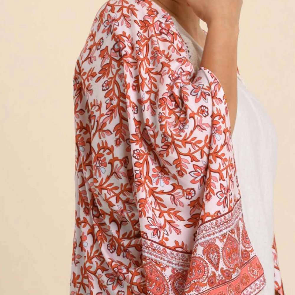 252.Women's Mixed Border Print Open Front Wing Sleeve Asymmetric Hem Kimono NWT - Picture 3 of 4